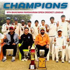 Champions. This is our team after winning the 9th Bhagwan Parshuram Open Cricket League. We train hard as a unit, and we celebrate our victories even harder. This trophy is a result of pure teamwork and dedication.