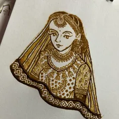 A practice sketch of a bride done with henna on paper. This helps me perfect the fine details of the jewelry, expression, and clothing before applying it to a client.