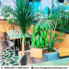 This seating nook is surrounded by greenery, with tall plants in modern planters creating a semi-private and relaxing atmosphere for patrons.
