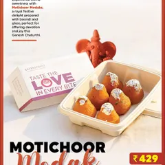 For those who love a classic, our Motichoor Modaks are a royal delight. Prepared with ghee and boondi, they are a perfect blend of tradition and taste.