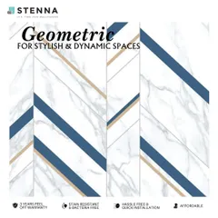 For a stylish and dynamic space, I offer modern geometric patterns like this one, which combines a clean marble look with bold blue and subtle gold lines. It's a perfect example of how to create a contemporary and visually engaging interior.