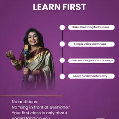 Wondering what you will learn first? This image breaks it down: basic breathing techniques, simple voice warm-ups, and understanding your vocal range. There are no auditions or pressure to perform in front of everyone.