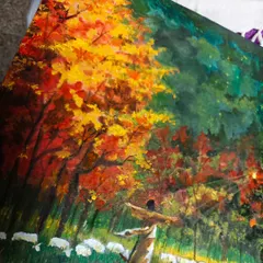 A close-up of the painting that won the award, a serene scene of a shepherd with his flock in an autumn forest.