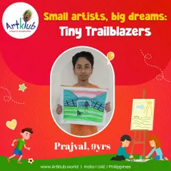 Meet Prajval, one of our talented 9-year-old trailblazers. He is proudly holding his artwork from the 'My Favourite Sport' competition, a colourful depiction of a football match that shows his passion for both art and sports.
