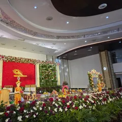 Another view of the Krishna-themed stage, this time combined with a cradle for a naming ceremony.