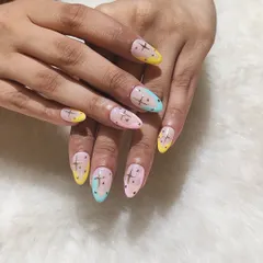 A celestial transformation. This client came in with natural nails and left with these dreamy pastel and gold star-themed extensions.