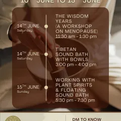 This was our mid June lineup, featuring unique workshops like "The Wisdom Years" for menopause, a classic Tibetan Sound Bath, and our immersive Floating Sound Bath with Plant Spirit Healing.