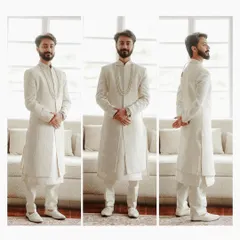 A triptych showcasing the groom's classic white sherwani from multiple angles, capturing the quiet, anticipatory moments before the ceremony begins.