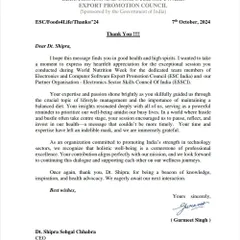 A letter of appreciation from the Electronics and Computer Software Export Promotion Council (ESC India). It was an honor to conduct a session for their team during World Nutrition Week.