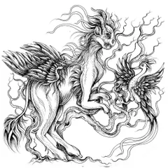 A finished design of a winged, horned creature reminiscent of a Kirin or a dragon, interacting with a smaller phoenix-like bird. This piece is about the interplay between different mythical energies.