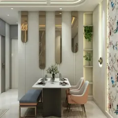 We design compact dining areas that are both stylish and functional. This setup includes a sleek dining table with a bench and chairs, complemented by decorative mirrors and built-in shelving.