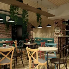 This cafe interior uses a mix of materials like brick, wood, and metal to create a vibrant, eclectic look. The colorful, mismatched chairs and hanging plants contribute to a lively and casual dining environment that feels unique and inviting.