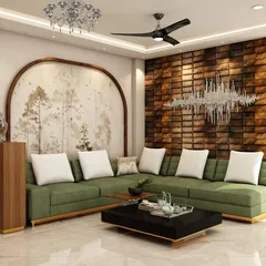 Another angle of this modern living room, highlighting the custom arched wall niche with nature-inspired wallpaper that serves as a serene backdrop for the main seating area.
