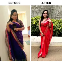 A stunning before-and-after transformation. Himaja looks incredible in a red saree chosen specifically for her body shape and skin tone, proving that the right outfit makes all the difference.