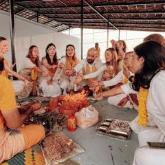 We begin our teacher training courses with a traditional fire ceremony, or Havan. This ancient ritual helps to purify the space and set positive intentions for the journey ahead, creating a sacred bond within our group.