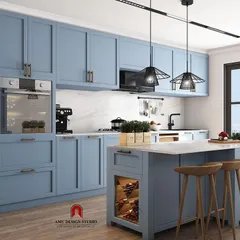 A 3D render of a spacious kitchen with light blue shaker-style cabinets, a central island, and integrated appliances, including a wine cooler.