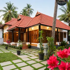 A charming traditional home surrounded by lush greenery, featuring a beautiful tiled roof pergola. This style of architecture is perfect for creating a cool and inviting atmosphere in warmer climates.