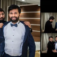A collage of the groom getting ready with the help of his best man, capturing moments of friendship and anticipation.