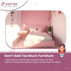 To create a functional kid's bedroom, avoid adding too much furniture. Keeping open spaces for play is important. We suggest using minimal furniture like a dresser-drawer combo to maximize storage without cluttering the room.