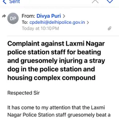 We take action at the highest levels. This is a formal complaint filed with the Delhi Police Commissioner against a police officer for brutally beating a stray dog. We ensure that even those in power are held accountable.