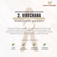 This infographic explains Virechana, or purgation therapy. This treatment focuses on flushing excess Pitta dosha and toxins from the liver and digestive system, making it effective for skin and metabolic disorders.