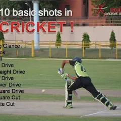 We teach the fundamentals, including the 10 basic shots in cricket. This graphic shows a player executing a perfect cover drive, a key skill covered in our batting clinics.