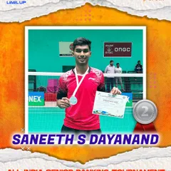 Another podium finish for Saneeth S Dayanand, securing the silver medal at the All India Senior Ranking Tournament in Jodhpur. His consistent performance at the national level demonstrates the high standards of our elite badminton coaching.