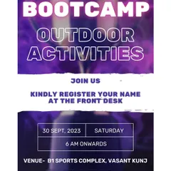 Another announcement for our bootcamp, encouraging members to register at the front desk. The design is bold and exciting, reflecting the high-intensity nature of the outdoor activities planned.