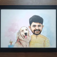 A beautiful handmade caricature of a man and his golden retriever, shown with the reference photos and our watercolor palette.