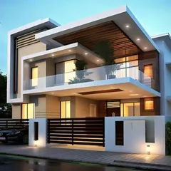 This architectural render highlights a clean, minimalist aesthetic with a prominent overhanging flat roof that provides shade for the upper balcony and ground-floor entrance. The design uses a simple color palette and glass railings to maintain a light, airy feel, ideal for Karnataka's climate.