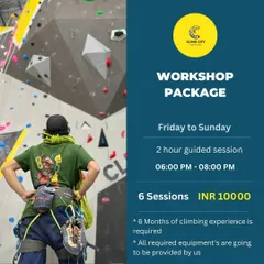 Here are the package details for our Lead Climbing Workshop. This graphic clearly lays out the schedule, number of sessions, and price, noting that some prior climbing experience is required. We provide all the necessary equipment.