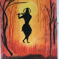 This artwork shows how a simple silhouette can tell a powerful story. Using soft pastels, the student created a fiery sunset background for the silhouette of Lord Krishna, learning how to blend warm colors to create a glowing effect.