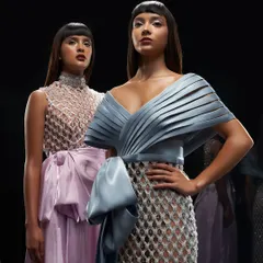 A couture shoot for Alpana Neeraj, where our focus was on creating a dark, minimalist backdrop to emphasize the garment's structural elegance and intricate details. This is an example of our work with high-fashion and demi-couture brands.