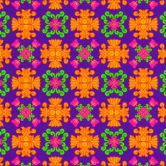 A bright, festive pattern with orange and pink floral motifs on a deep purple background, which I feel has a "pandal vibe".