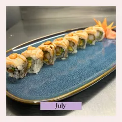 A platter of our expertly rolled sushi from our July highlights. Each roll is a perfect bite of fresh ingredients and seasoned rice, showcasing our commitment to quality.