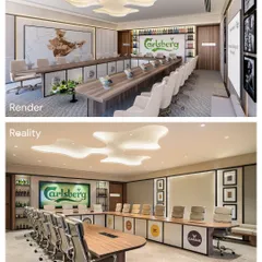 The boardroom at Carlsberg's office was designed to reflect the brand's heritage and collaborative culture. The final space perfectly matches the render, from the custom conference table featuring brand logos to the organic, cloud-like ceiling light.