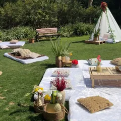 Another angle of our expansive picnic setup, showing multiple seating areas with different colored cushions and rugs. We can customize the layout and style to suit the size and vibe of your gathering.