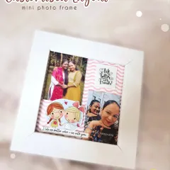 A graphic showcasing a "Customised Layout" mini photo frame for a best friend, featuring photos and cute cartoon illustrations with the quote "I like me better when I am with you."