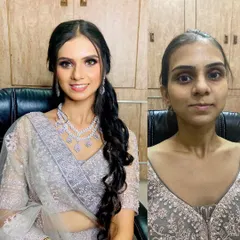A powerful before and after of a party makeup look. I transformed her appearance with skillful contouring, a dramatic smokey eye, and a perfectly styled long ponytail, getting her ready for her engagement ceremony.