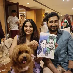 A live caricature of a couple and their adorable poodle at a pet-friendly event in Mumbai. It was a pleasure to draw the whole family.