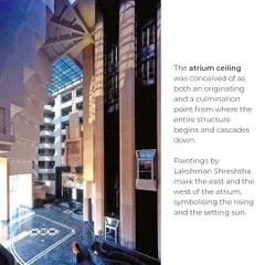 The atrium of the Unit Trust of India HQ was conceived as both an origin and a culmination point for the entire structure. Paintings by Lakshman Shreshtha mark the east and west, symbolizing the rising and setting sun within the grand, cascading space.