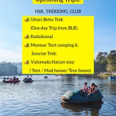 A poster listing upcoming trips to Uttari Betta, Kodaikanal, and Munnar, offering a mix of one day and weekend getaways.