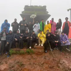A group photo at the Sarvajna Peetha, the small temple at the summit of Kodachadri, often shrouded in mist.