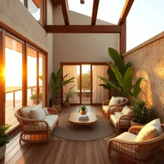 A beautiful semi-enclosed patio space that combines stone walls, wooden beams, and large glass doors. Our comfortable wicker seating makes it the perfect spot to enjoy the sunset.