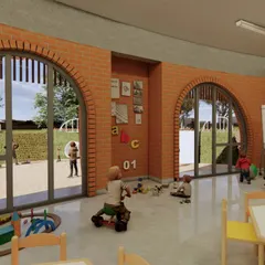 The kindergarten classroom opens directly into a sensory garden. I designed this with large arched windows to connect indoor learning with outdoor play, using natural textures like brick and mud plaster.