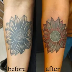 This client came in with a faded sunflower tattoo. We reworked it, adding color and depth to bring it back to life and make it vibrant again.