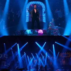 A before-and-after look at the dynamic lighting for the song 'Bejuria' from 'Sunny Sanskari Ki Tulsi Kumari'. We used an array of moving heads and colored washes to create an energetic, club-like atmosphere, transforming the raw set (bottom) into the vibrant final scene (top).