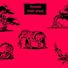 This is my 'Masala Flow' flash sheet, featuring flora and fauna with a desi vibe. Designs like the bonsai, elephant, and eagle are drawn with curvy, continuous lines, ready to be inked. If you're looking for a tribal fusion tattoo, this is a great place to start.