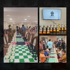 A glimpse into the scale of our events. This collage from the PT Ganeshotsav tournament shows the organized rows of players, the official branding, and the coveted trophies that make our events special.