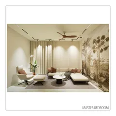 A view of the master bedroom's seating area, featuring a serene palette, fluted wall details, and a striking tropical mural. We designed this space as a peaceful retreat within the home.